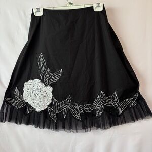 Cache Black Skirt with White Sequin Floral Embellishment
